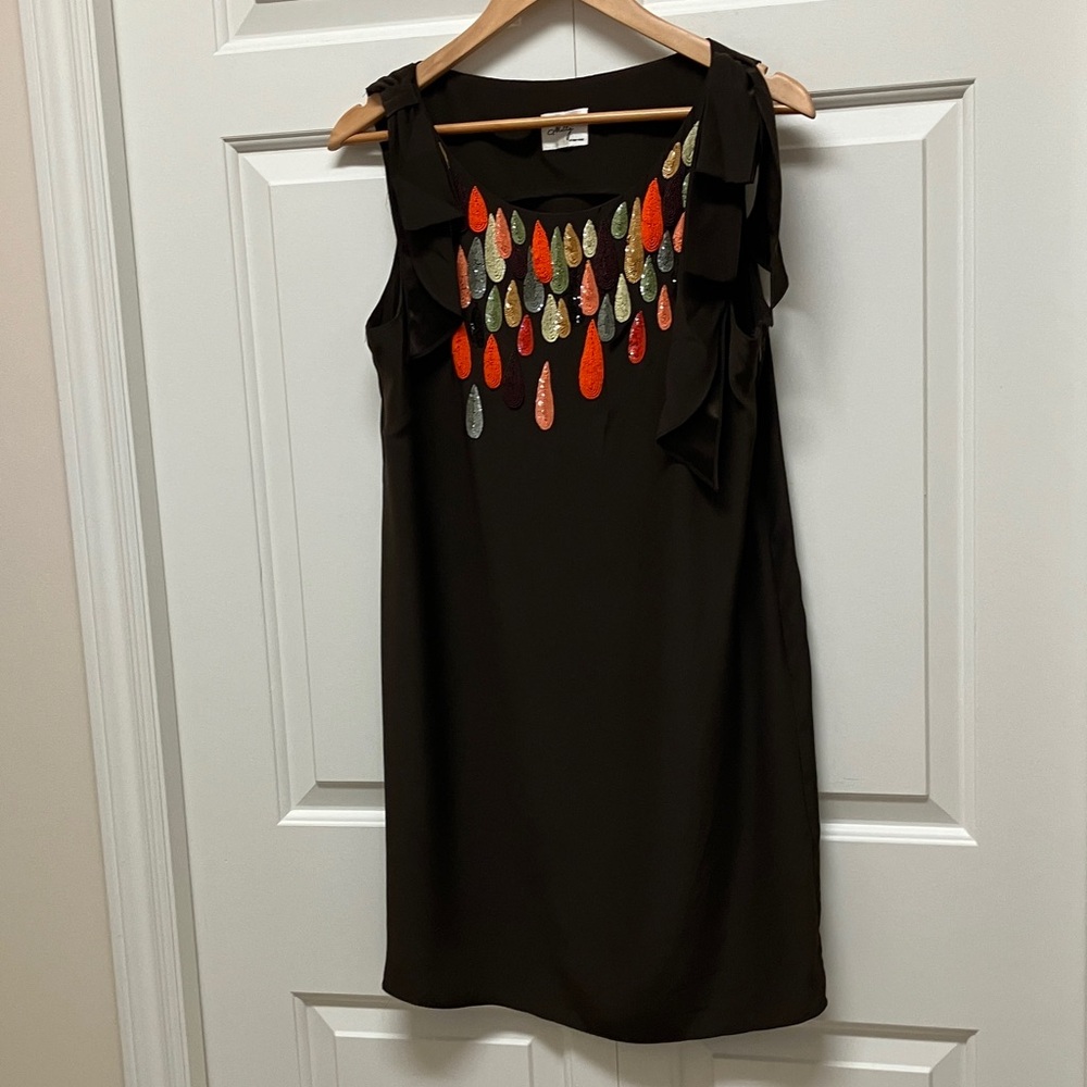 Milly of New York silk knee length or mini dress, sequins/beads/bow, sleeveless